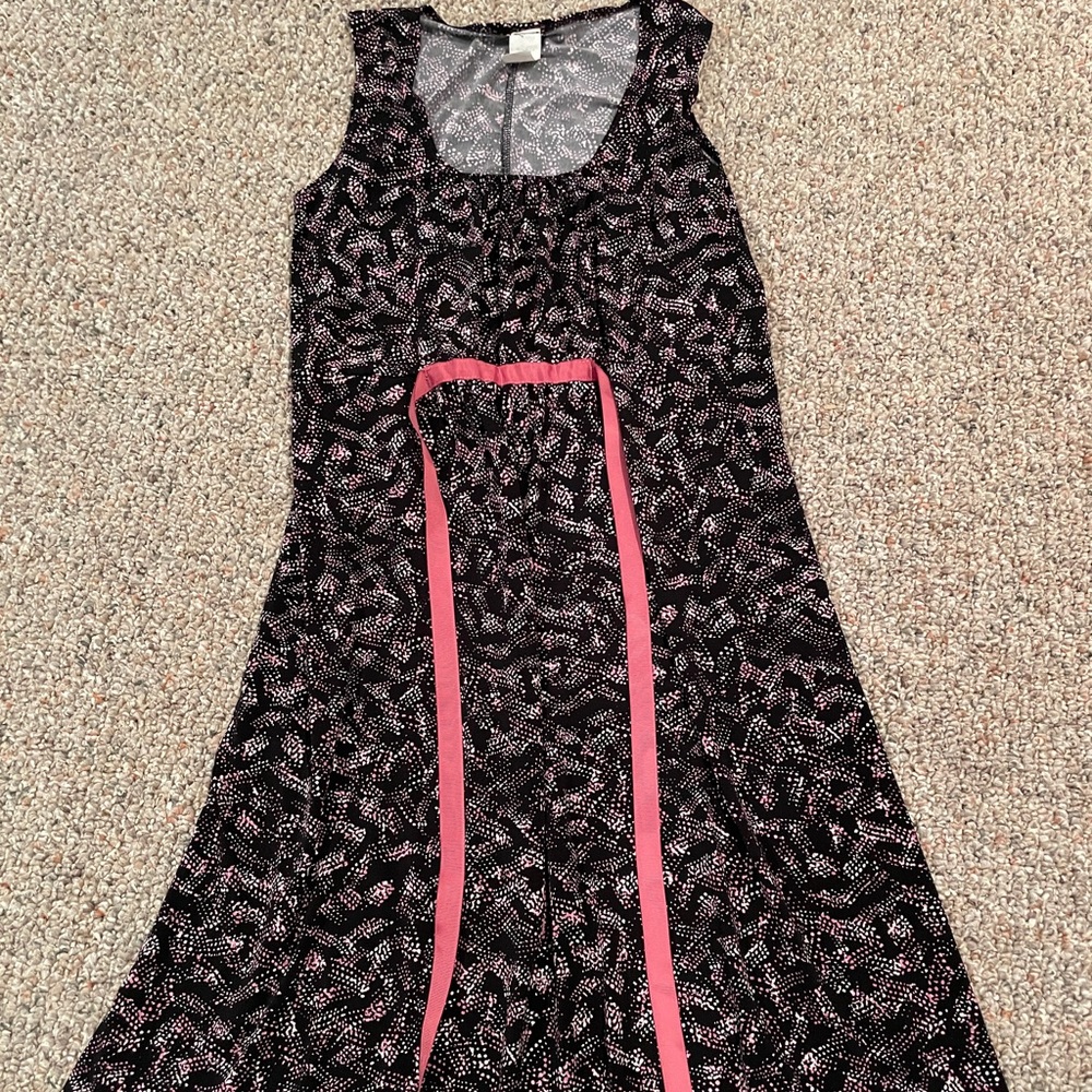 WOMENS MEDIUM SLEEVELESS FLOWERED BLUE DRESS WITH PINK TIE